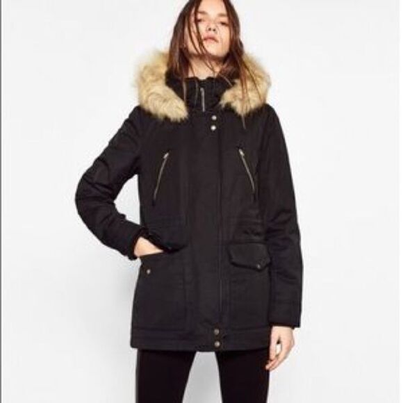✨HP✨Zara Navy Fur Lined Parka with Detachable Hood✨ - Picture 1 of 11